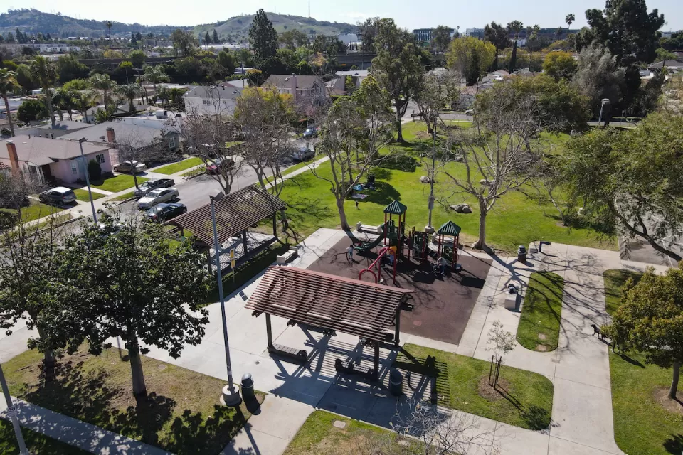 Aerial view of park playground in West Los Angeles, California.